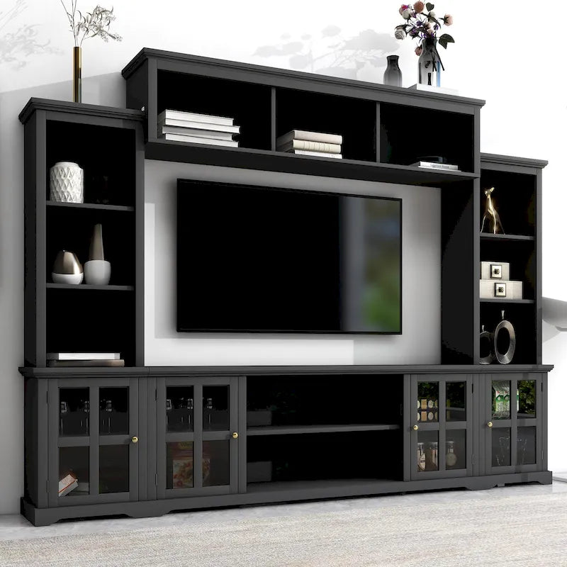 Entertainment Wall Unit with Bridge, Tempered Glass Doors for TVs Up to 70 4