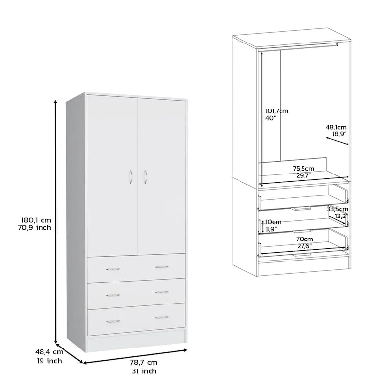 19  Modern Double-door Armoire with 3 Drawers and 1 Hanging Rod for Bedroom 13