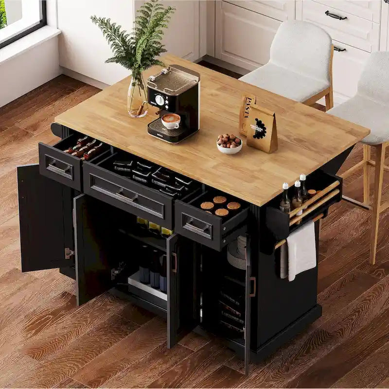 54  Large Kitchen Island with Rubber Wood Drop Leaf, Embossed Texture Rolling Kitchen Cart on 4 Wheels with 4 Doors & 3 Drawers 6