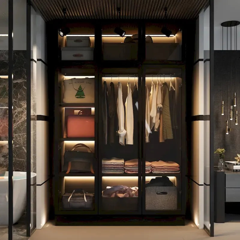47.2 Wide Armoire LED Light All Glass Door Closet Cabinet Wardrobe 15