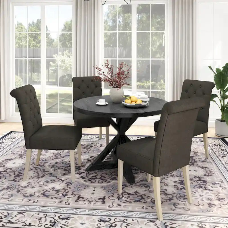 5 Piece Dining Table Set, Wooden Kitchen Furniture Set, Round Table with Cross-Buck Pedestal Base and 4 Tufted Chairs 31