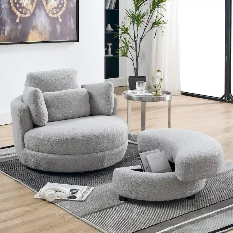 Oversized Swivel Cuddle Barrel Chair with moon storage ottoman 6