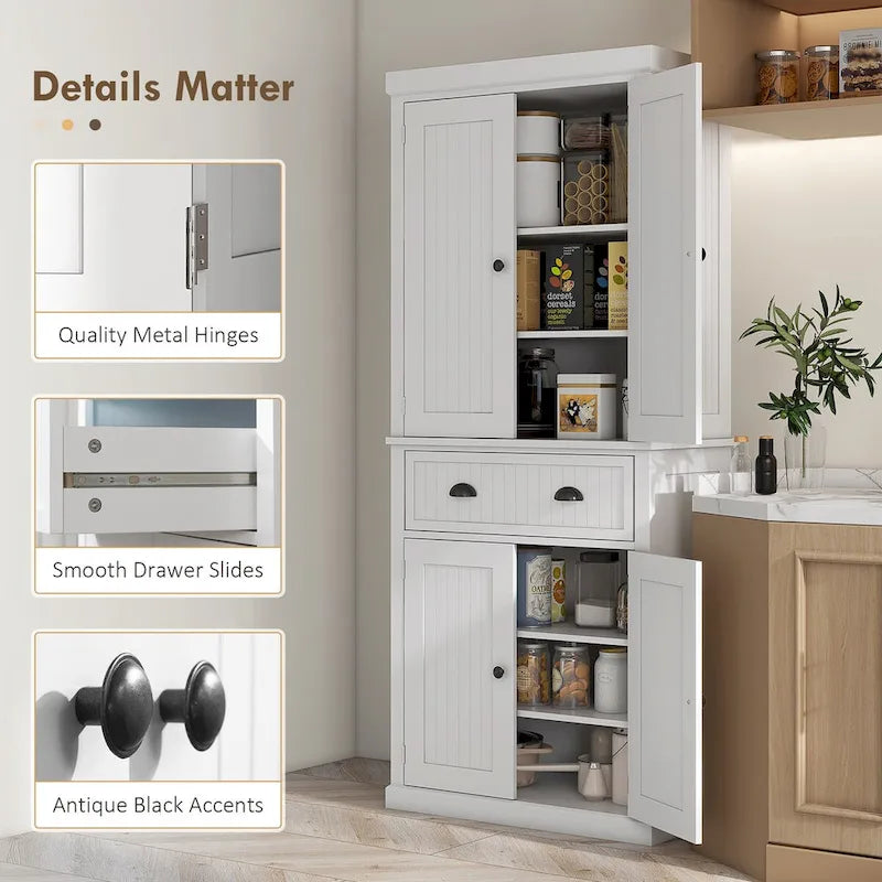 72 Kitchen Pantry Storage Cabinet, Traditional Freestanding Cabinet with 4 Doors and 3 Adjustable Shelves, Large Central Drawer 19