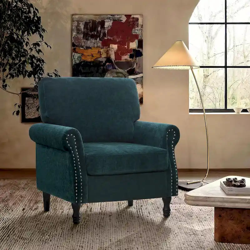 Modern Upholstered Armchair Nailhead Trim Accent Chair with Wood Legs 4