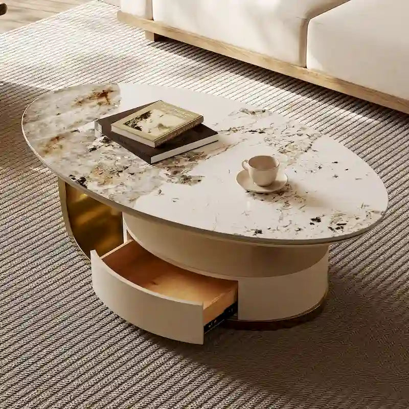 Tavolino da caffè ovale moderno Pandora 51 con piano in pietra sinterizzata lucida, tavolino da caffè di lusso, gambe in acciaio inossidabile per soggiorno 20