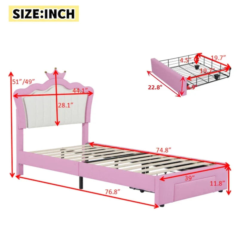 Twin Size Upholstered Bed Frame with LED Lights, Modern Upholstered Princess Bed with Crown Headboard, a Drawer, Pink+White 3