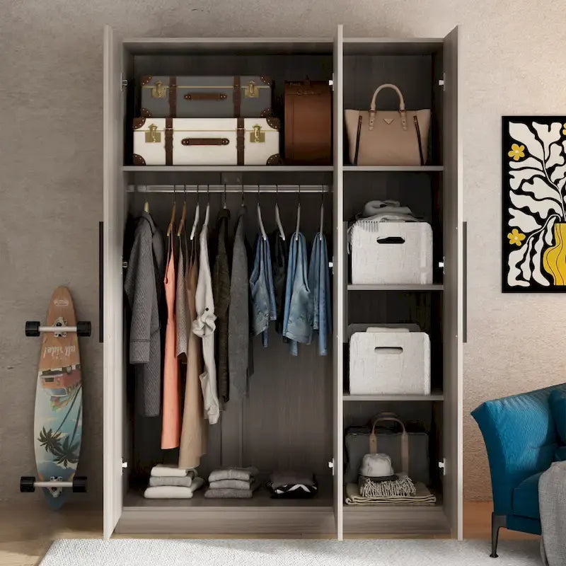 Wardrobe Armoire Wooden Closet Cabinet 6 Storage Cube and Hanging Rod 20