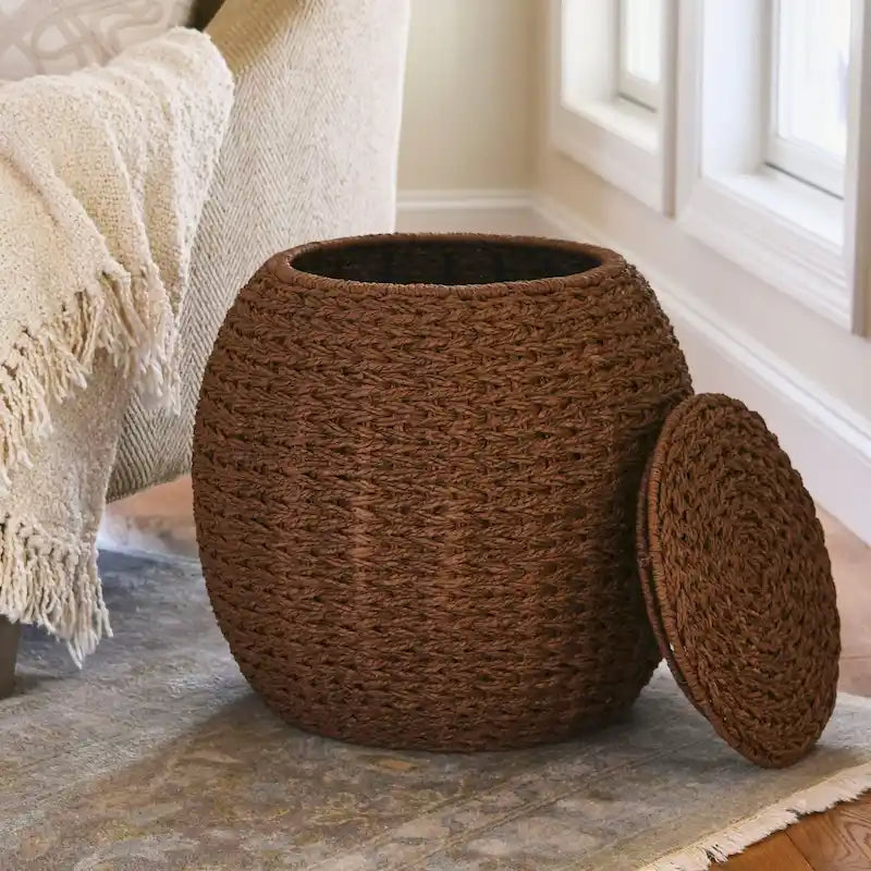 Household Essentials Handwoven Barrel Wicker Storage Basket Side Table - 17.0L x 17.0W x 19.0H 14