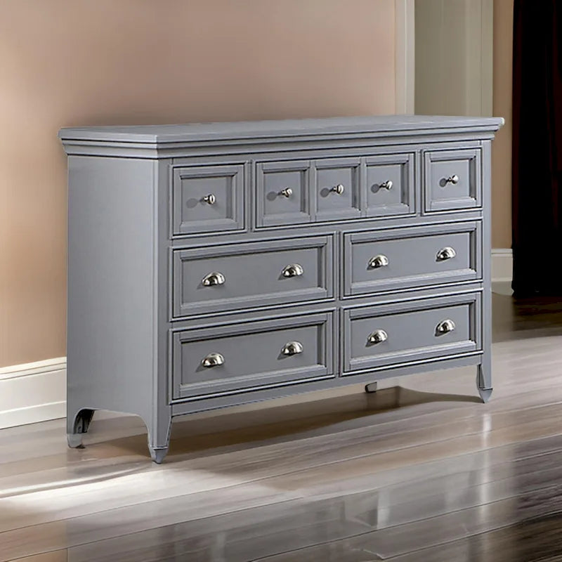 Cile 56 Inch Dresser, 7 Gliding Drawers, Gray Wood, Round Nickel Handles 1