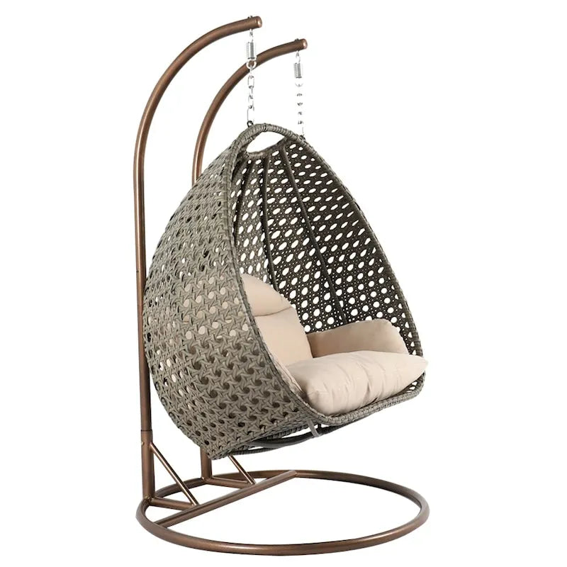 LeisureMod 2 Person Hanging Egg Chair with Stand - Outdoor/Indoor Rattan Wicker Patio Swing Hammock Lounger with Cushions 11