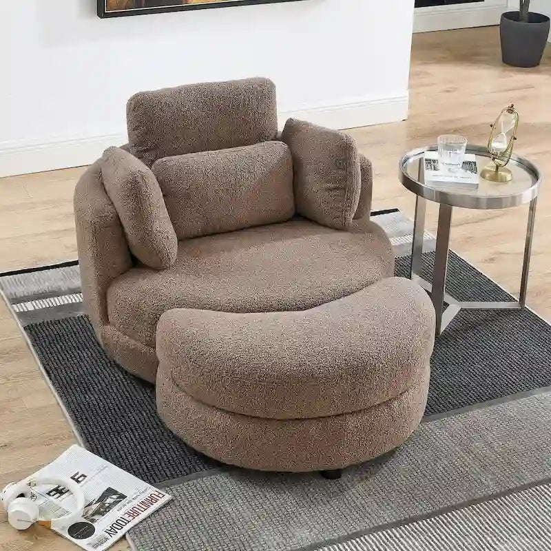 Oversized Swivel Cuddle Barrel Chair with moon storage ottoman 23