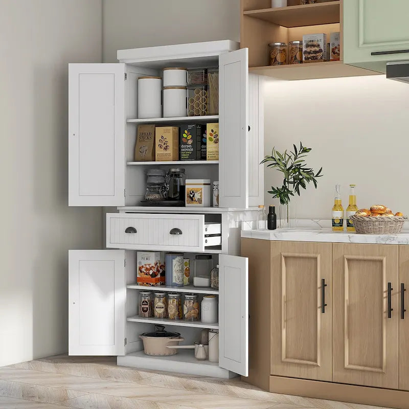 72 Kitchen Pantry Storage Cabinet, Traditional Freestanding Cabinet with 4 Doors and 3 Adjustable Shelves, Large Central Drawer 14