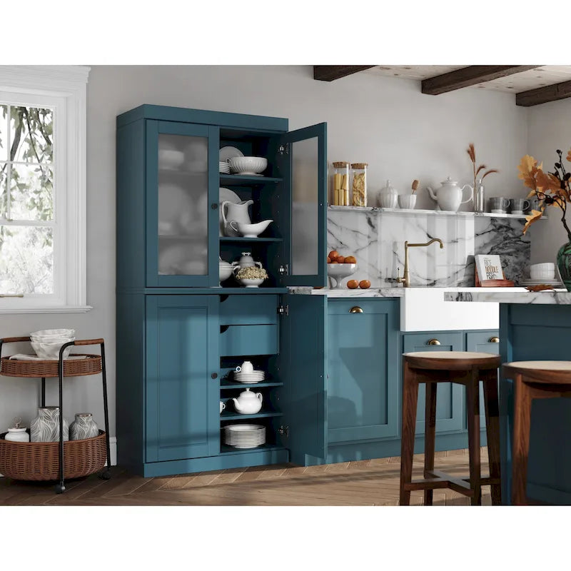 100% Solid Wood Pantry Cabinet with Frosted Glass Doors, Solid Doors, 2-Drawers and Adjustable Shelves 16