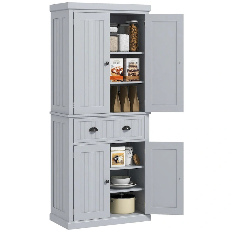 72 Kitchen Pantry Storage Cabinet, Traditional Freestanding Cabinet with 4 Doors and 3 Adjustable Shelves, Large Central Drawer 6