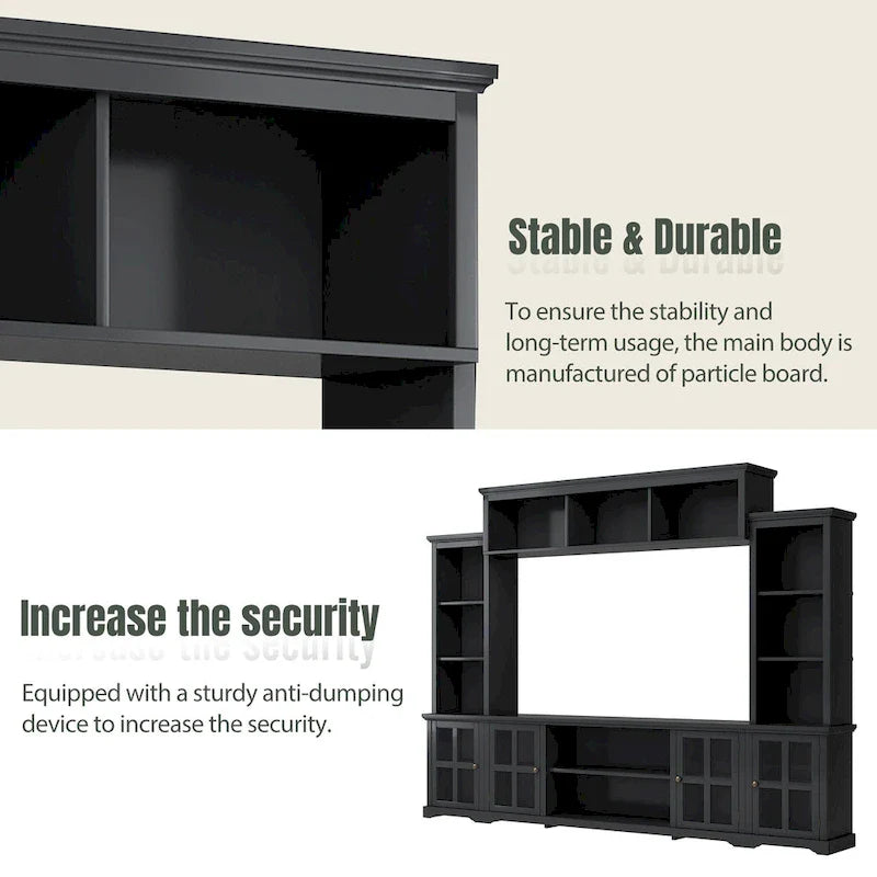 Entertainment Wall Unit with Bridge, Tempered Glass Doors for TVs Up to 70 29
