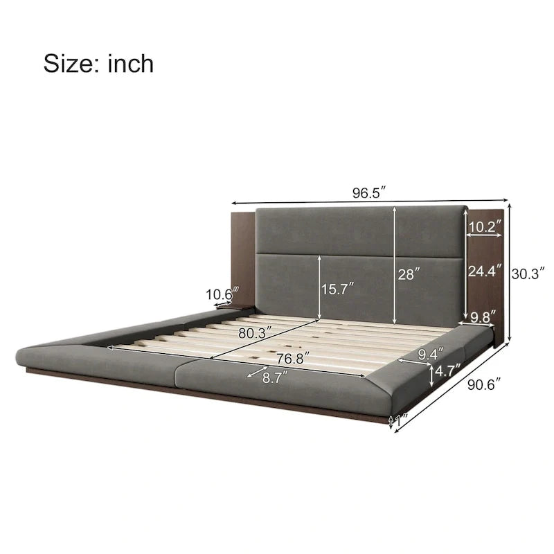 King Gray Floor Upholstered Bed Low Profile Platform Bed w/ Extended Wood Headboard, Built-in Nightstand Shelves 5