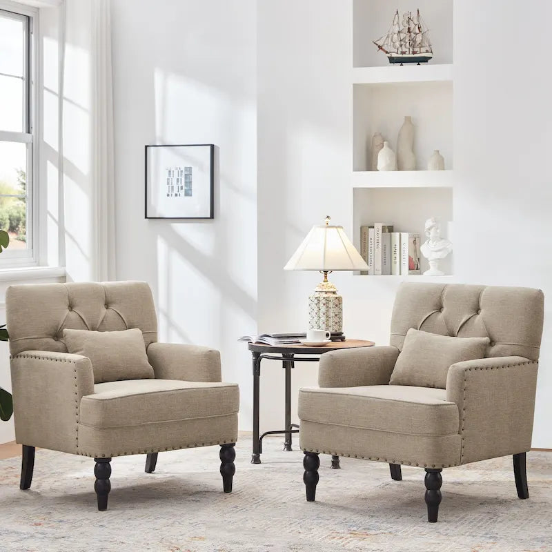Set of 2 Arm Chair Upholstered Button Tufted Accent Chair with Lumbar Pillow Beige/ Grey/ Light Blue 14