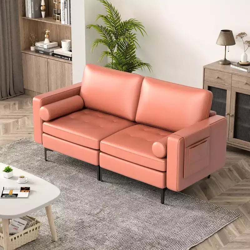 Costway Moderno Divanetto a 2 Posti con 2 Cuscini a Rullo e Tasca Laterale Grigio/Rosso 3