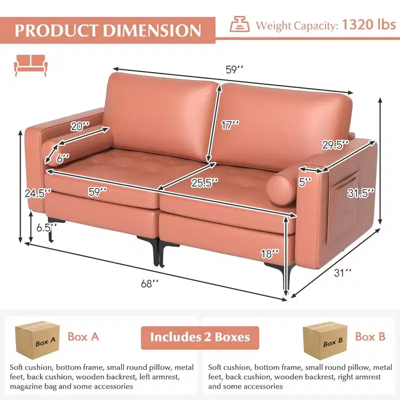 Costway Moderno Divanetto a 2 Posti con 2 Cuscini a Rullo e Tasca Laterale Grigio/Rosso 4