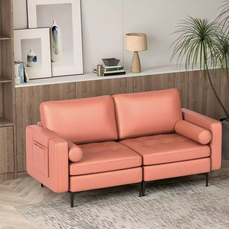 Costway Moderno Divanetto a 2 Posti con 2 Cuscini a Rullo e Tasca Laterale Grigio/Rosso 5