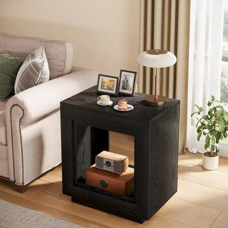 Tavolino in legno con contenitore, Comodini in noce per soggiorno, camera da letto 11