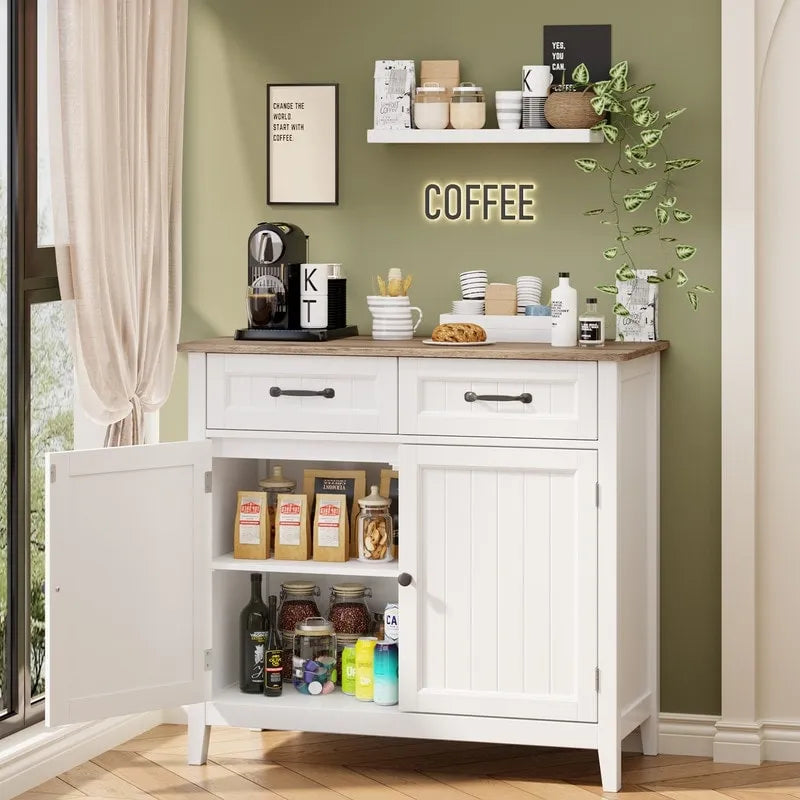 Kitchen Sideboard Buffet Storage Cabinet with 2 Drawers, Coffee Bar Cabinet ,Wood Entryway Cabinet with Double Door Cupboard 10