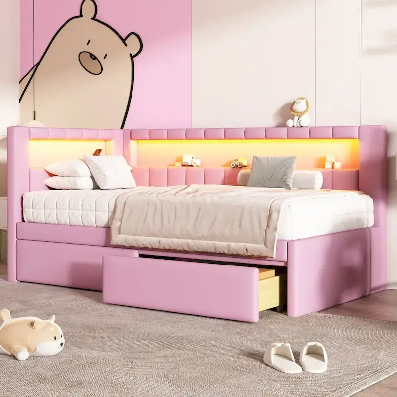 Upholstered Platform Bed with USB Ports & LED Lighting - Full/Twin Size Bed Frame with 2 Storage Drawers - Modern Bedroom 19