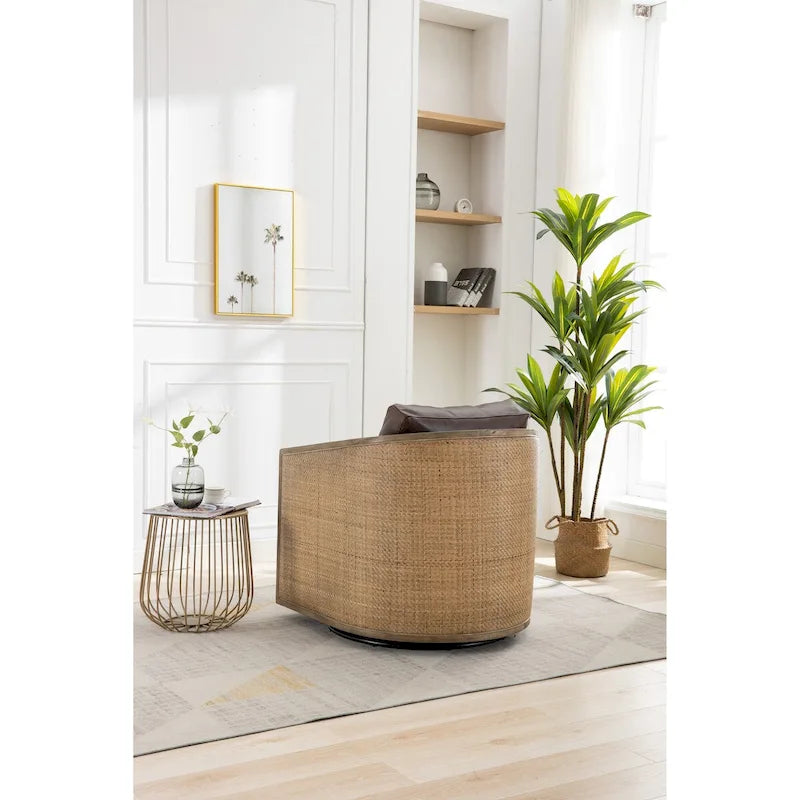 Poltrona a botte girevole, comoda poltrona rotonda d'accento, poltrona club a botte girevole a 360 gradi, poltrona relax con struttura in rattan intrecciato 36
