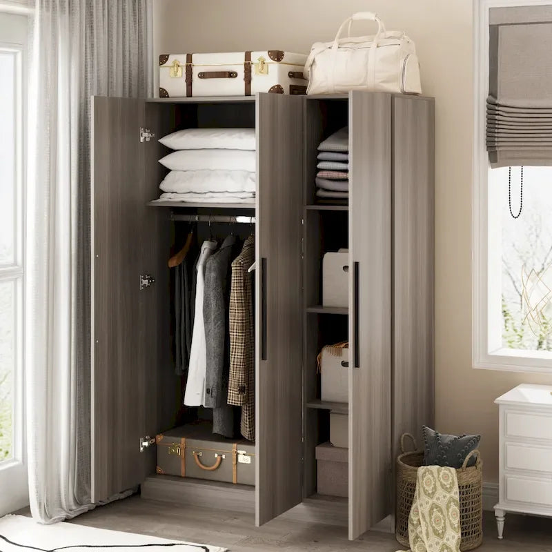 Wardrobe Armoire Wooden Closet Cabinet 6 Storage Cube and Hanging Rod 24