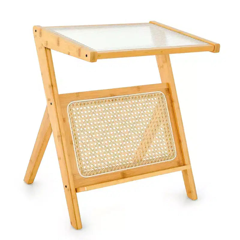 Tavolino in rattan Costway Tavolino in bambù con ripiano in vetro temperato noce/naturale 10