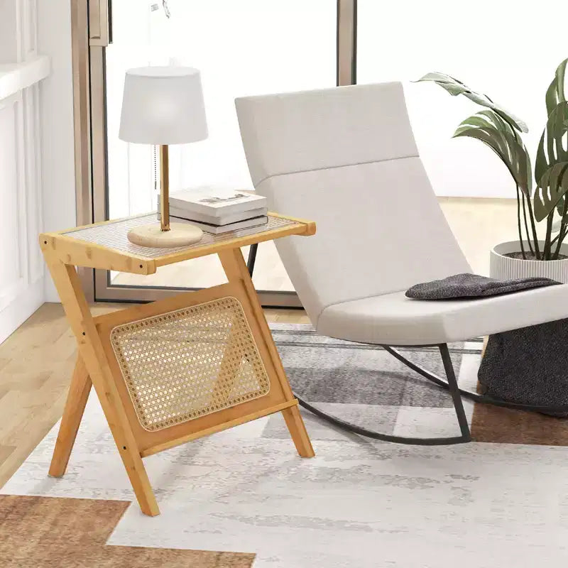 Tavolino in rattan Costway Tavolino in bambù con ripiano in vetro temperato noce/naturale
