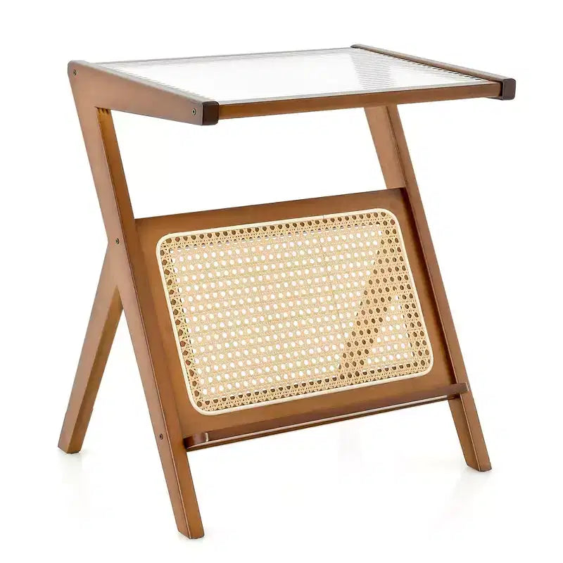 Tavolino in rattan Costway Tavolino in bambù con ripiano in vetro temperato noce/naturale 20