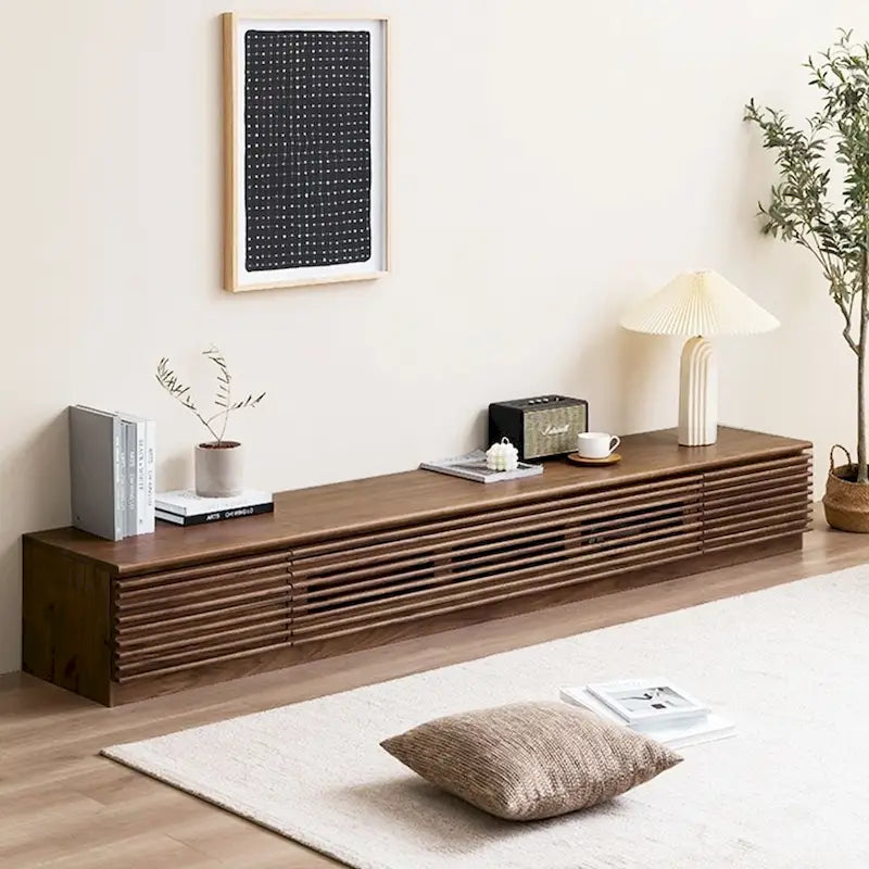 Minimalist TV Stand with DrawersSolid Wood Media Console with Cabinets, Flip-down Door, Walnut Veneer, Fully-Assembled 4
