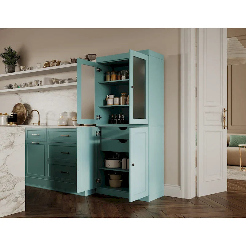 100% Solid Wood Pantry Cabinet with Frosted Glass Doors, Solid Doors, 2-Drawers and Adjustable Shelves 13