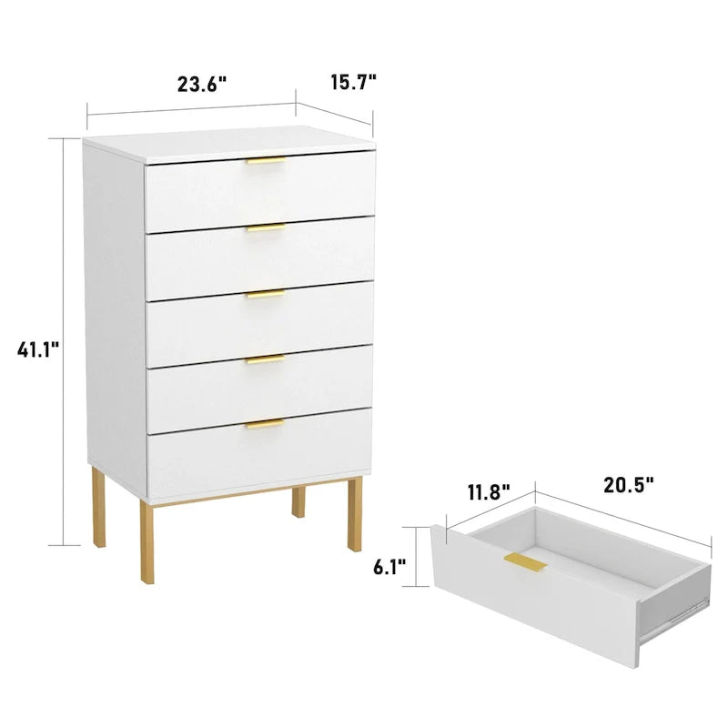 5 Drawer Dresser Chest End Table Storage Cabinet 23.6 W White/Back 22