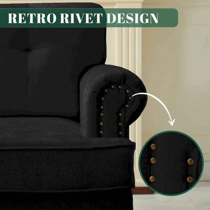 Set of 3 Chenille Sofa Set for Living Room, Button-Tufted & Nailhead Upholstery, Solid Rubberwood Legs 23