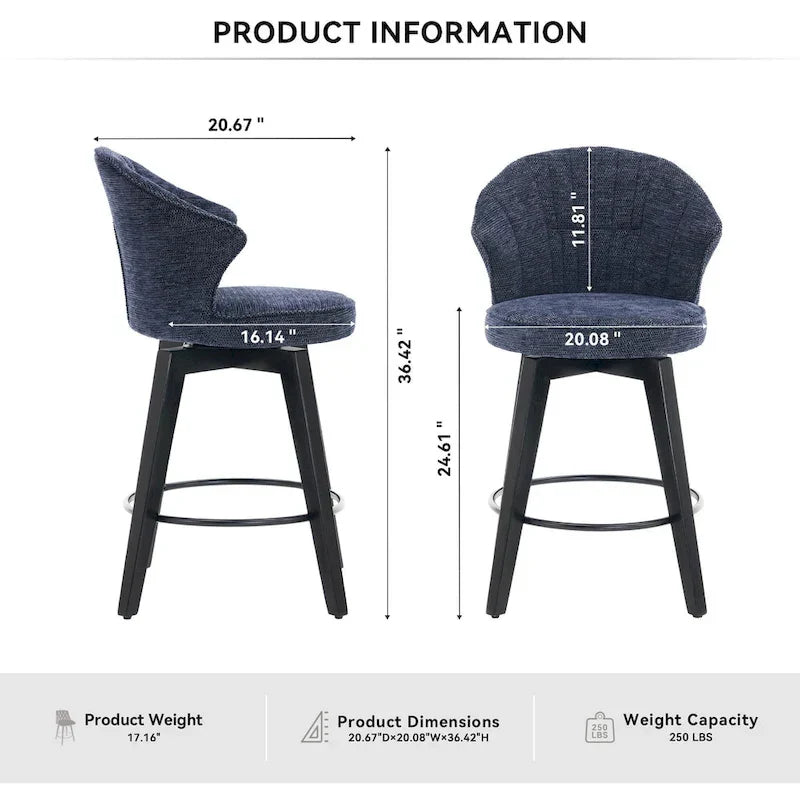 Swivel Bar Stools Set of 2, Upholstered Dining Room Chairs with Wide Backrest, Counter Height Chair with Metal Legs 10