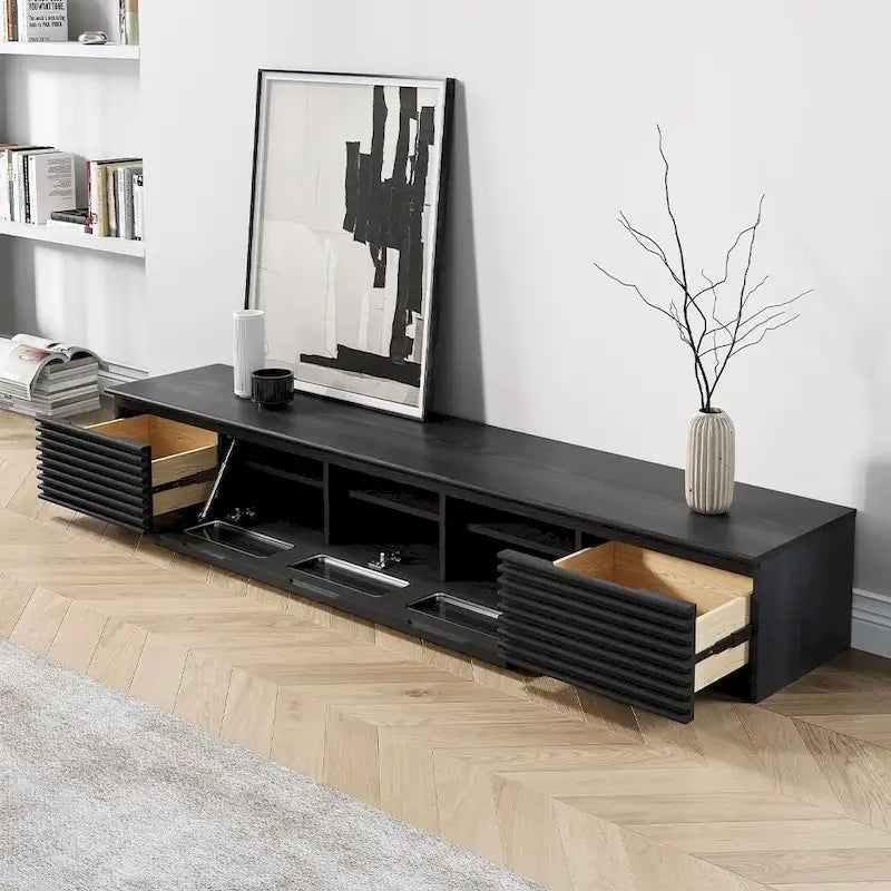Minimalist TV Stand with DrawersSolid Wood Media Console with Cabinets, Flip-down Door, Walnut Veneer, Fully-Assembled 23