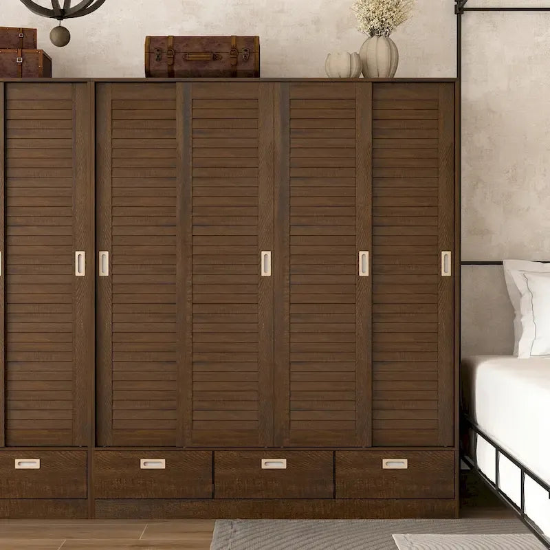 Brown Wardrobe Armoire with Drawers, Hanging Rod 4 Sliding Doors 4