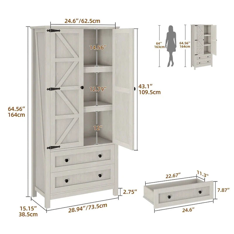 64 Farmhouse Tall Kitchen Pantry Storage Cabinet with 2 Drawers & Doors 18