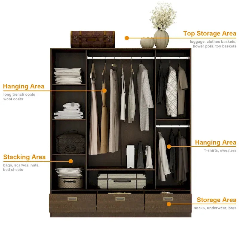 Brown Wardrobe Armoire with Drawers, Hanging Rod 4 Sliding Doors 5
