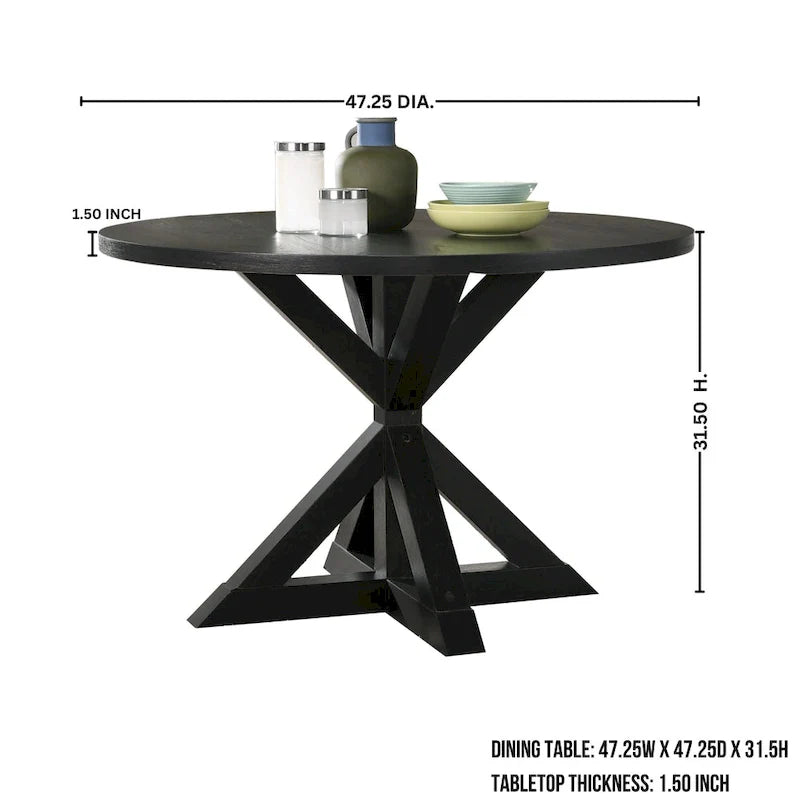 5 Piece Dining Table Set, Wooden Kitchen Furniture Set, Round Table with Cross-Buck Pedestal Base and 4 Tufted Chairs 11