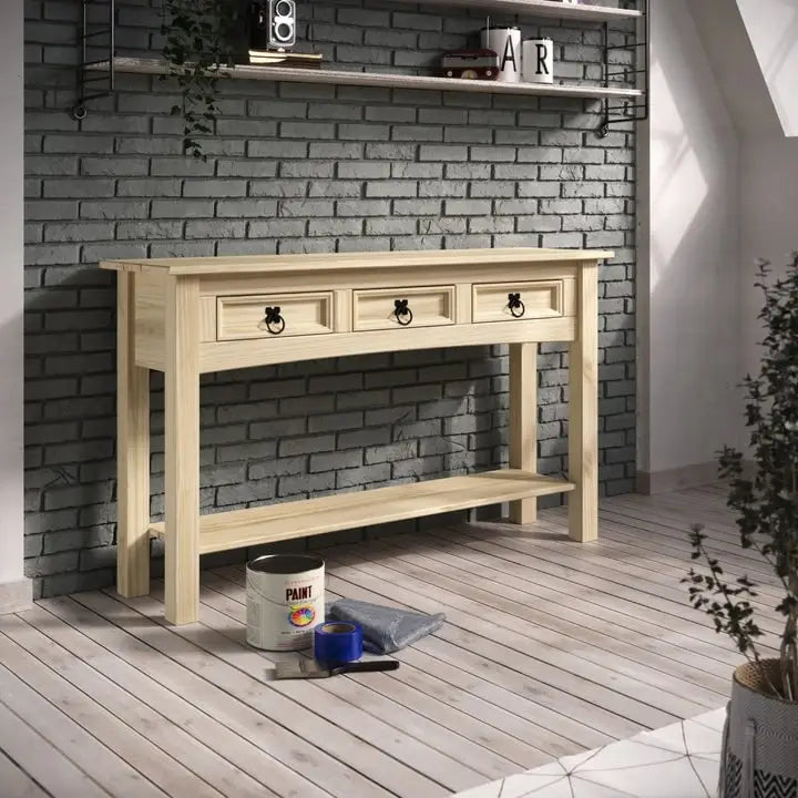 Rustic Solid Pine Console Hall Table, White Wash / Antique Brown / Gray Wash / Unpainted, 3 Drawers 28
