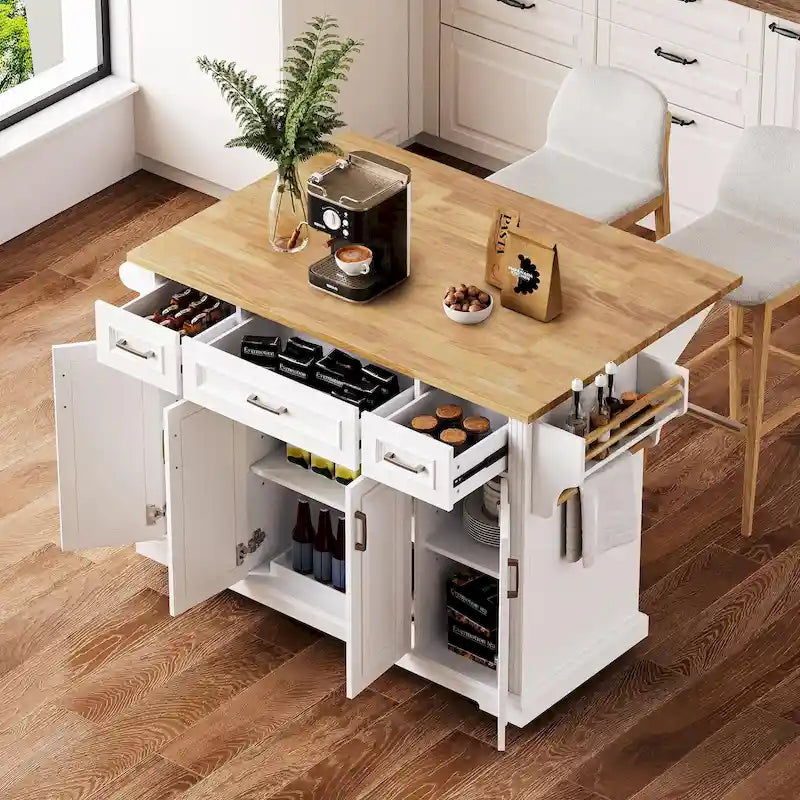 54  Large Kitchen Island with Rubber Wood Drop Leaf, Embossed Texture Rolling Kitchen Cart on 4 Wheels with 4 Doors & 3 Drawers 4