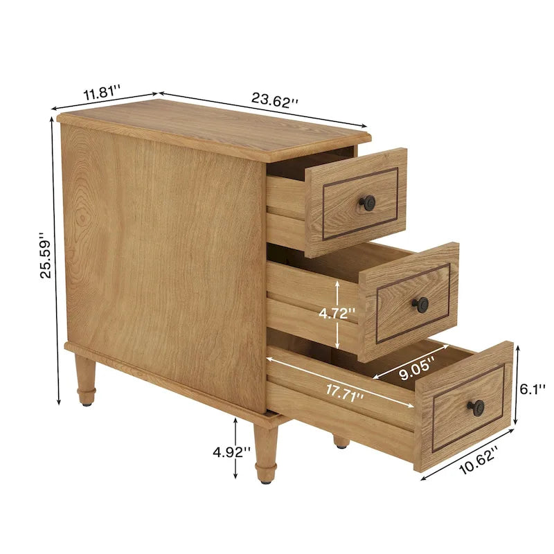 Tavolino stretto completamente assemblato, tavolino in legno massello con 3 cassetti, comodino sottile vintage per piccoli spazi 8