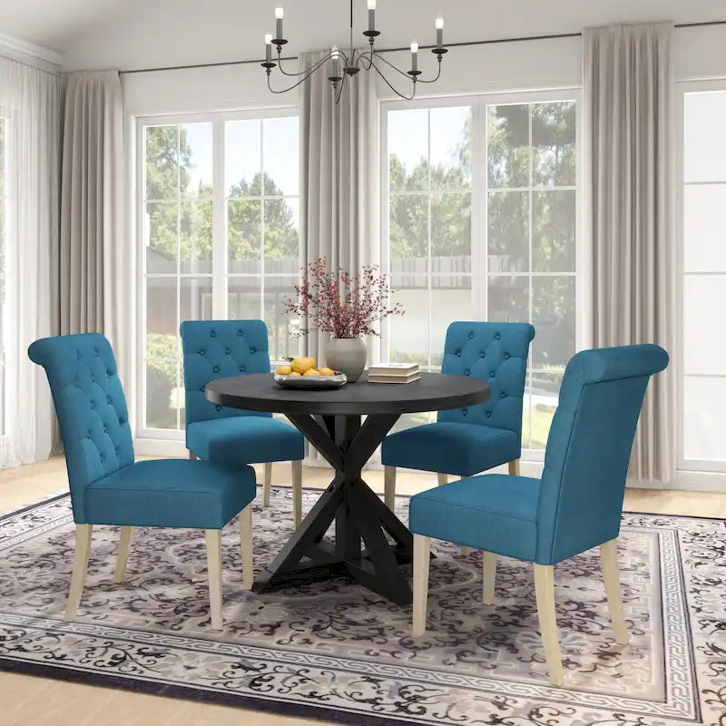5 Piece Dining Table Set, Wooden Kitchen Furniture Set, Round Table with Cross-Buck Pedestal Base and 4 Tufted Chairs 8