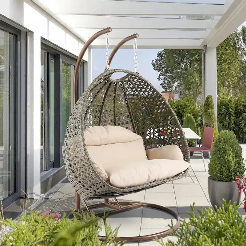 LeisureMod 2 Person Hanging Egg Chair with Stand - Outdoor/Indoor Rattan Wicker Patio Swing Hammock Lounger with Cushions 5