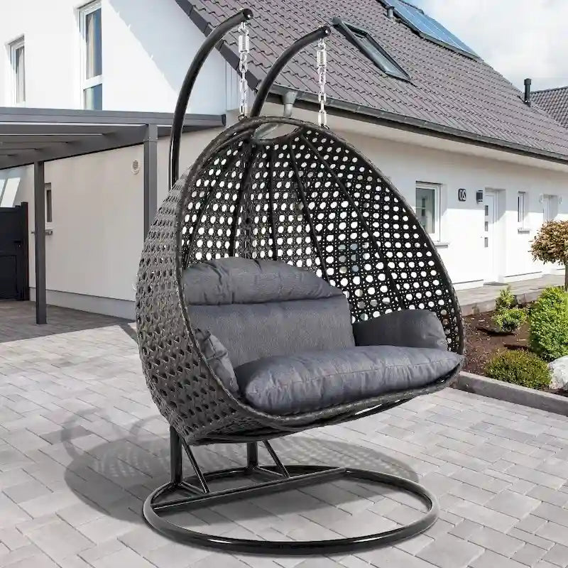 LeisureMod 2 Person Hanging Egg Chair with Stand - Outdoor/Indoor Rattan Wicker Patio Swing Hammock Lounger with Cushions 4
