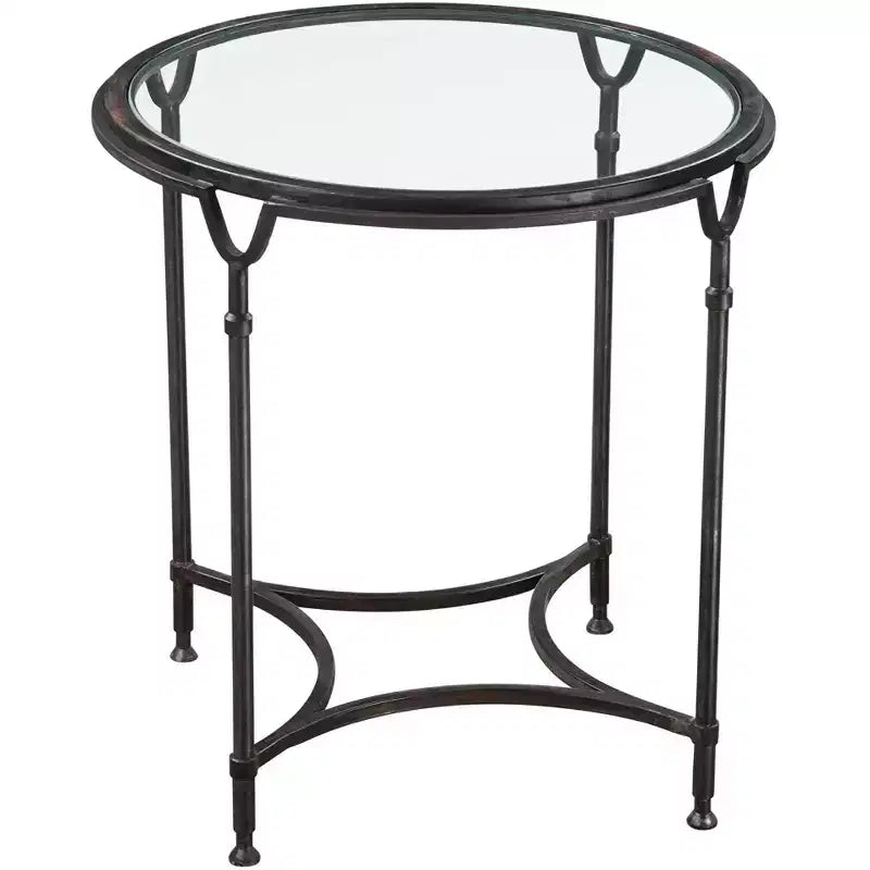 Uttermost Modern Steel Round Accent Side End Table 24 1/2 Wide Aged Black Clear Glass Tabletop for Living Room Bedroom Entryway