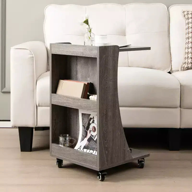 Costway Tavolino Laterale con Ruote, Tavolino C-shaped Mobile con 2 Ripiani Aperti e 2 Vani Contenitori Posteriori Marrone/Grigio 12